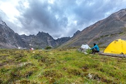 Amazing views in Tombstone Territorial Park in northern Yukon Territory, Canada during summer time with campground in view at Grizzly Lake.	