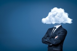 Businessman with white cloud instead of head on blue background. Businessman and management. Business and commerce. Digital art.