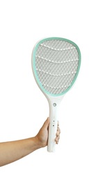 Hand holding Mosquito killer electric tennis bat, insect fly bug wasp swatter, isolated on white background.

