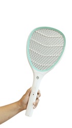 Hand holding Mosquito killer electric tennis bat, insect fly bug wasp swatter, isolated on white background.

