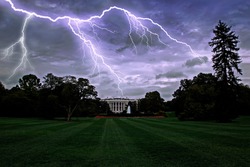 lightning over the White House in Washington DC, USA. Dramatic storm sky