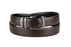 fastened fashionable men's brown leather belt with dark matted metal buckle isolated on white background