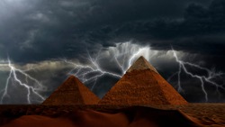 Ancient Pyramids of Giza at night thunderstorm against the powerful lightning strikes in dramatic cloudy sky, Egypt. Fantastic background, beautiful dunes in desert
