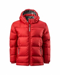 Kids' red hooded warm sport puffer jacket isolated over white background. Ghost mannequin photography