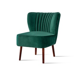 Classic armchair art deco style in turquoise velvet with wooden legs isolated on white background. Front view, grey shadow. Series of furniture
