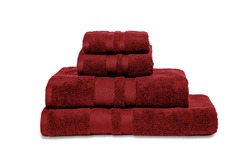 Set of folded wine red burgundy towels isolated on a white background