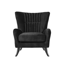 Classic armchair art deco style in black velvet with black nickel metal legs isolated on white background with clipping path. Front view, series of furniture