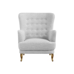 White quilted fabric classical art deco style armchair on decorative brass legs isolated on white background with clipping path. Front view, series of furniture