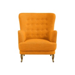 Orange quilted fabric classical art deco style armchair on decorative brass legs isolated on white background with clipping path. Front view, series of furniture