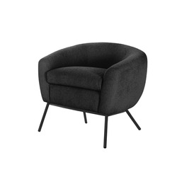Cozy puffy armchair art deco style in black velvet on black metal legs with clipping path isolated on white background. Series of furniture