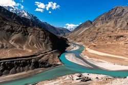 Sangam Point is the confluence Indus and Zanskar Rivers at Leh, Ladakh, India