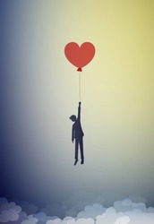 in love concept, boy silhouette holds the red heart shaped balloon and flying up to the sky, dreamer concept, shadow story vector