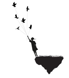 girl is standing on the edge of flying rock and holding pigeons, in the dream, shadows, silhouette.