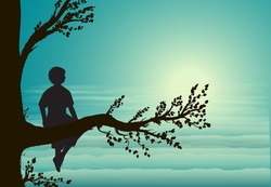 boy sitting on big tree branch, silhouette, secret place, childhood memory, dream, vector. 