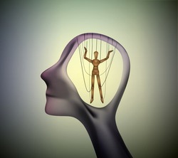man profile head with marionette inside, manipulate the people concept, vector