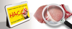 Fresh pork steak HACCP (Hazard Analyses and Critical Control Points) concept with image seen through a magnifying glass - Food Safety and Quality Control in food industry.