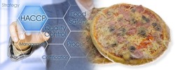 HACCP - Hazard Analysis and Critical Control Points - Food Safety and Quality Control in food industry - concept with industrial frozen italian pizza packed with cellophane film 