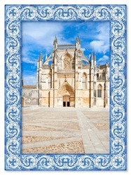 The facade of Batalha cathedral in Portugal (Europe) -Azulejos frame concept
