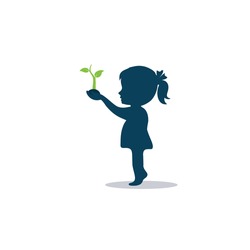 Little girl and plants, green kids plant care logo
