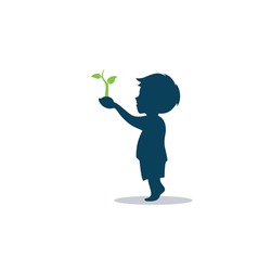 Little boy and plants, green kids plant care logo