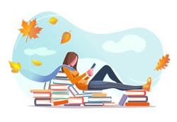 Girl reading, sitting on stacks of books in fall leaves background. Concept design. Beautiful autumn nature with Flat young woman. Modern card for web design with isolated white background