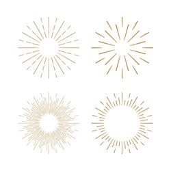 Retro gold Sun burst shapes. Vintage light starburst logo, labels, badges. Sunburst minimal logo frames. Vector firework design elements. 