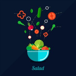 Vector illustration of cooking salad with bowl and vegetables. Flat style.