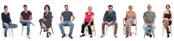 group of people sitting on white background