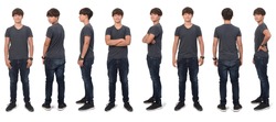 large group of same teenage boy with front,back and side view on white background