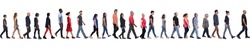 large group of mixed people walking on white background, 