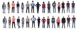 front and rear view of large group of men and women wearing  jeans and standing on white background