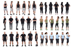adults wemen and men in sportswear face, profile and back  standing on white background