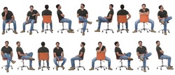 large group of the same man sitting on a chair in various poses on white background