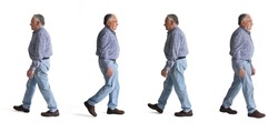 side view of same man walking on white background