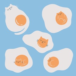 Set of funny cats and fried eggs. Hand draw cute cats in doodle style. Isolated vector element. For textiles, clothing, bed linen, office supplies.