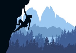 Man climbing rock overhang. Mountains and forest in the background. Silhouette of climber with brown, orange and yellow background. Illustration.