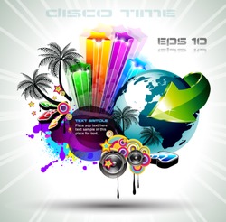 Attractive Disco Flyer Background with a lot of design elements icludiind a 3D globe for international latin music event posters.