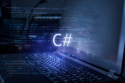C# inscription against laptop and code background. Learn c sharp programming language, computer courses, training. 