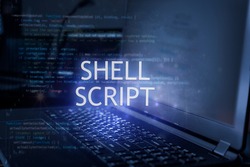 Shell script inscription against laptop and code background. Technology concept. Learn programming language.