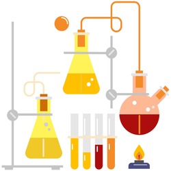 Lab Chemistry Kit includes Bigger, Stand, Red and Yellow Chemical, volume metric flash, test tube, burner, flame burner, bubble chemical in laboratory , vector chemical , laboratory chemical vector