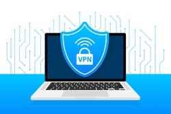 VPN flat blue secure label on white background. Vector illustration.