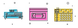 Set Music CD player, VHS video cassette tape and Drum machine icon. Vector