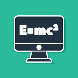 Blue Math system of equation solution on computer monitor icon isolated on green background. E equals mc squared equation on computer screen.  Vector