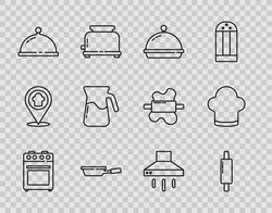 Set line Oven, Rolling pin, Covered with tray of food, Frying pan, Jug glass water, Kitchen extractor fan and Chef hat icon. Vector