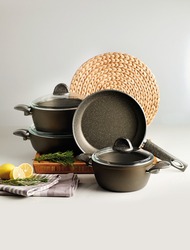 Cookware set with pots and pans.