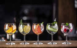 Gin tonic long drink as a classic cocktail in various forms with garnish in individual glasses such as orange, lemon, grapefruit, cucumber or berries.