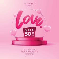 Valentine Love Typography Discount Sale With Podium Stage Beauty Background Pink Color for Banner, Poster, Web Page