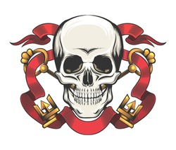 Tattoo of Skull with Golden Keys and Red Ribbon. Esoteric Symbol frailty of existence isolated on white. Vector illustration.