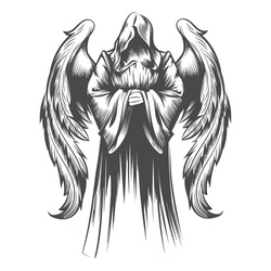 Tattoo of Angel with Wings drawn in Engraving style isolated on white background. Vector Illustration.
