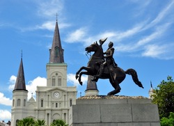 Statue Of Andrew Jackson With Saint Louis Cathedral In Background, French Quarter, New Orleans, Louisiana